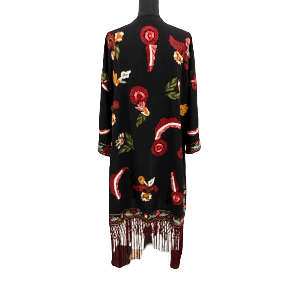 Zara Womens Black Embroidered Kimono Duster Cardigan Fringe Boho Festival M L - Picture 5 of 9